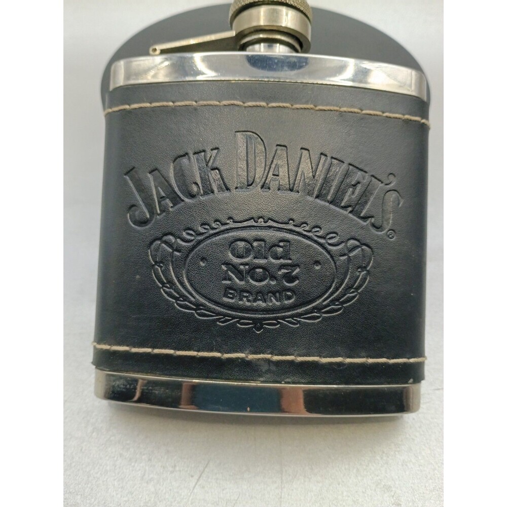J.D Old No 7 Hip Flask Stainless Steel Black Leather Wrap Embossed &Ace S.S Flas